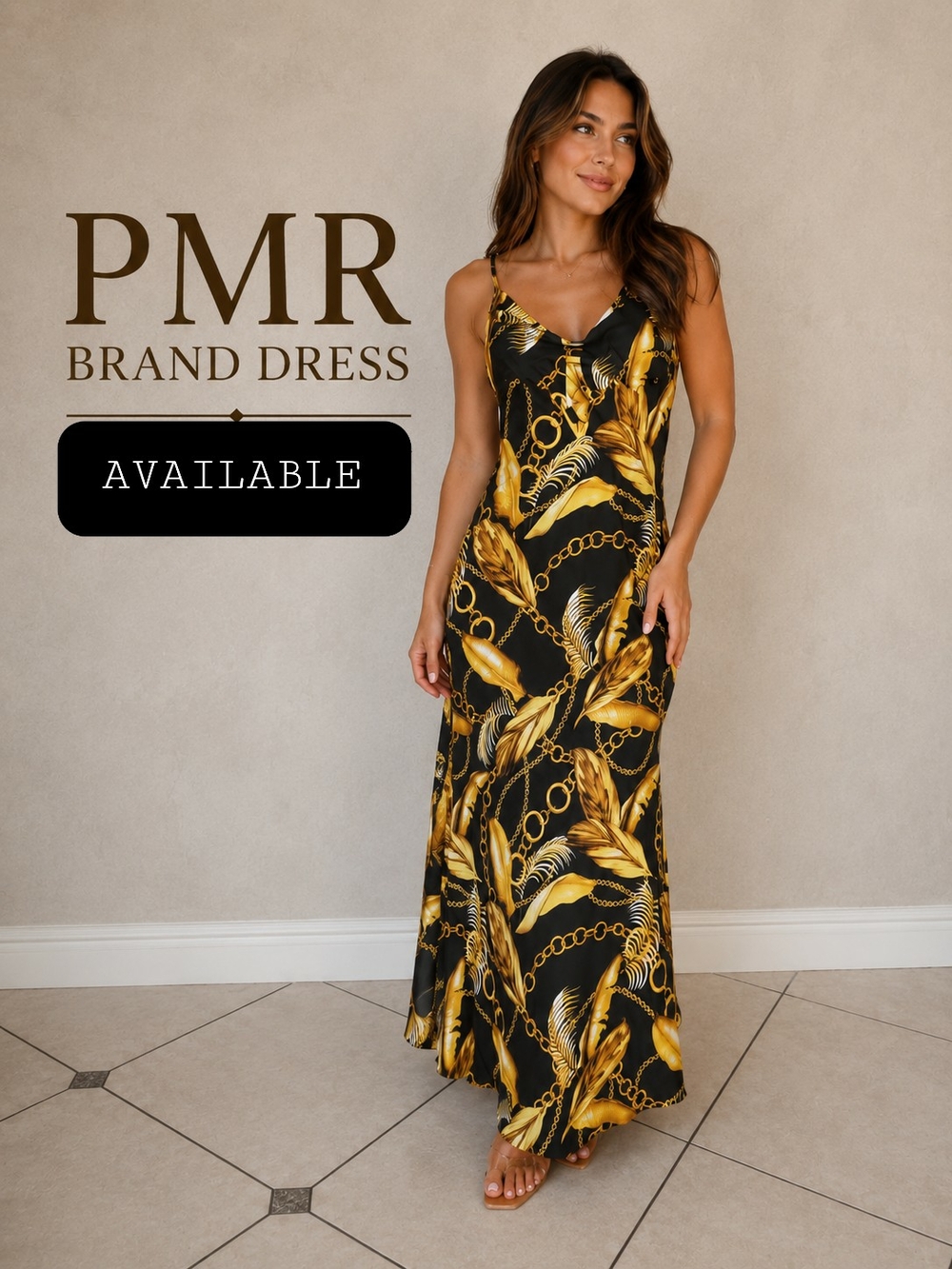 PMR Black & Gold Chain-Print Slip Maxi Dress